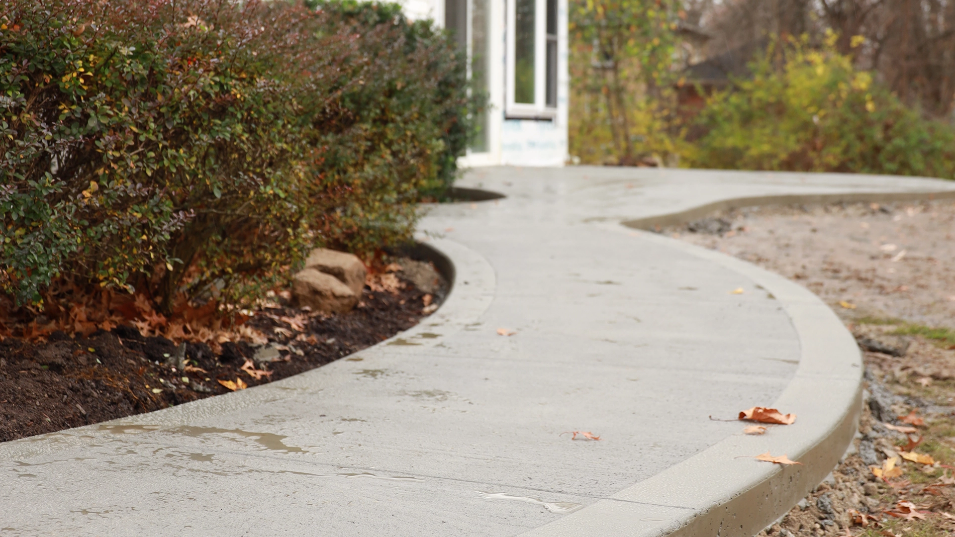 Concrete sidewalk at the front of a house with white siding