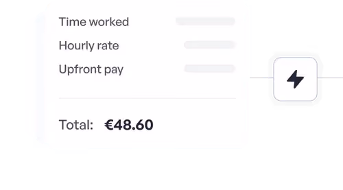 Summary of payment details including time worked, hourly rate, upfront pay, and total amount €48.60.