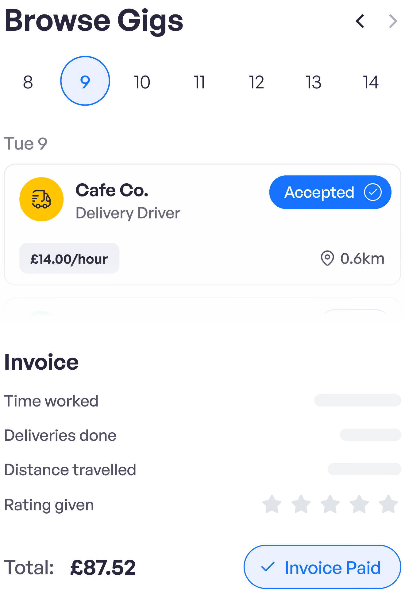 Gigable for business dashboard - coffee shop