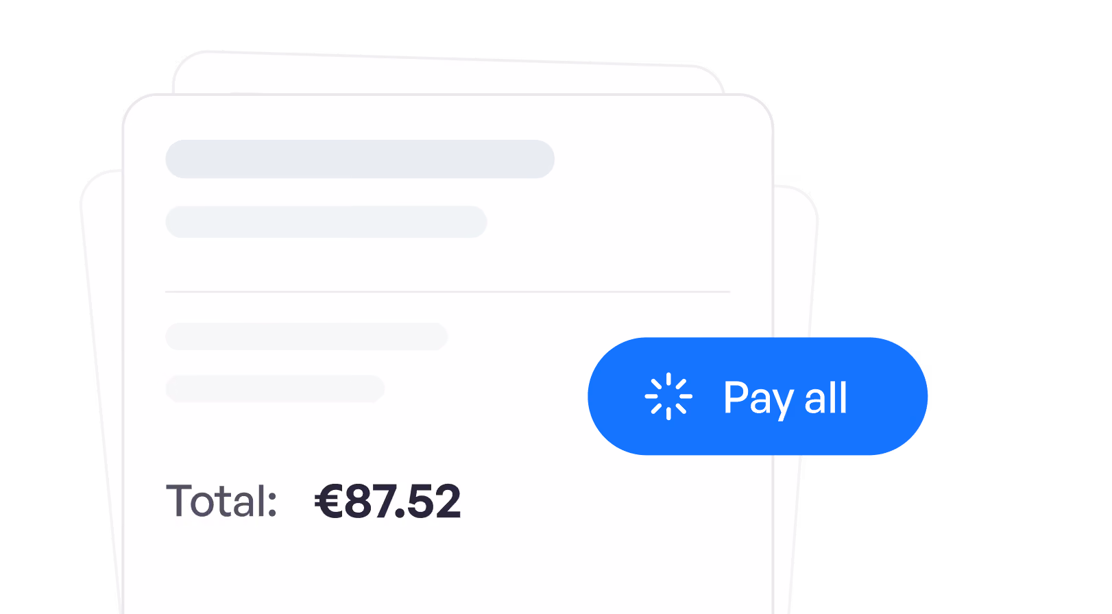 Invoice summary showing a total amount of €87.52 with a blue 'Pay all' button.
