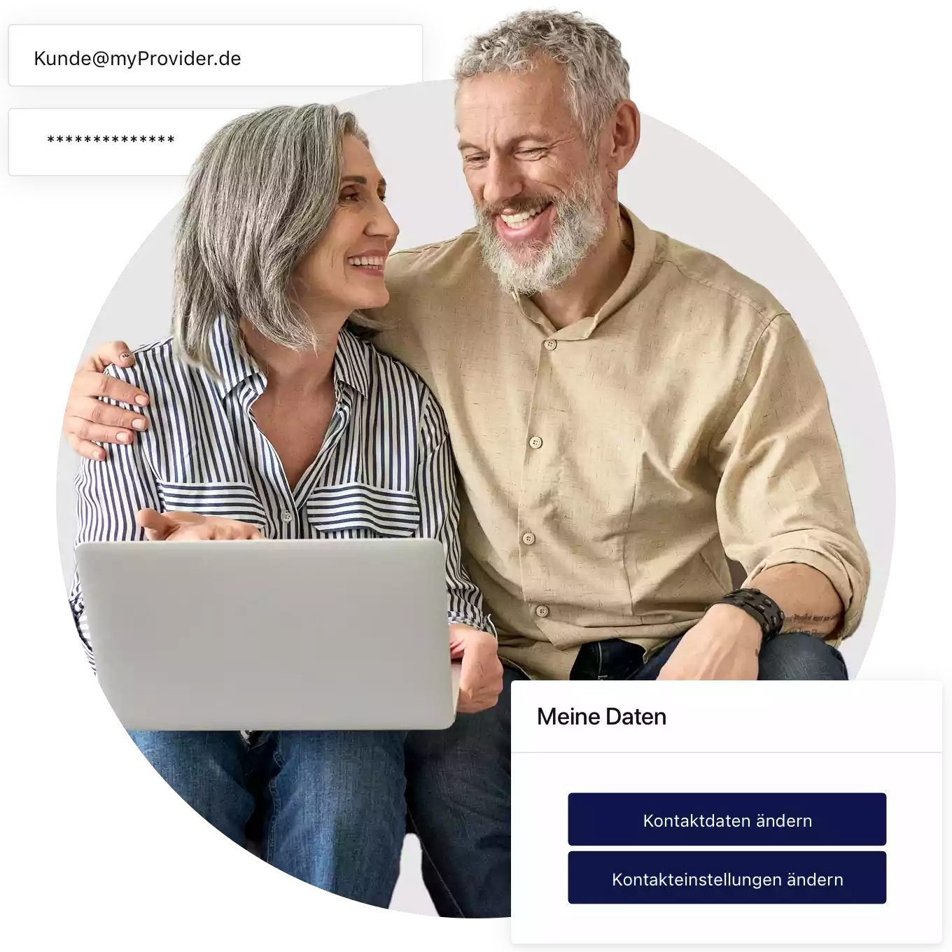 Elderly man and woman with laptop smiling