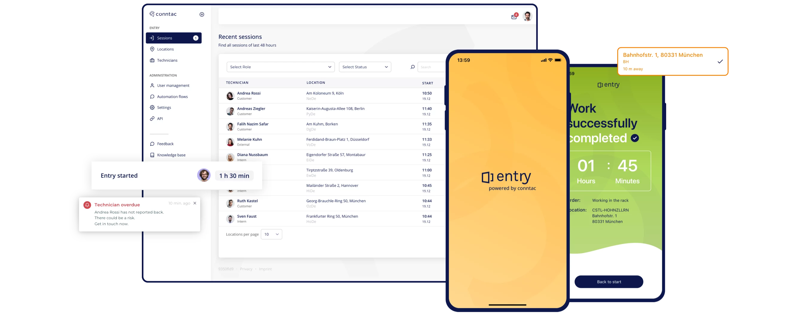 Technician using smartphone next to manager in office
