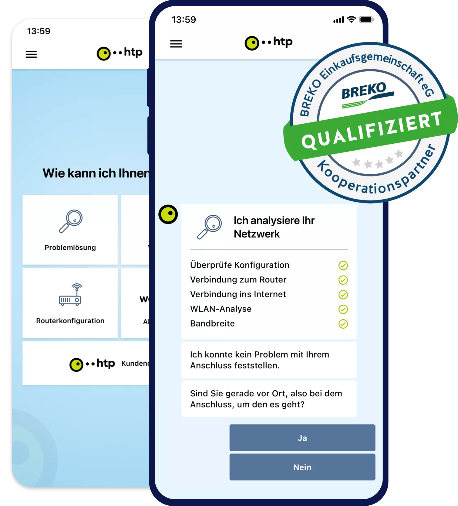 Mockups htp App mit Breko Kooperationspartner Siegel