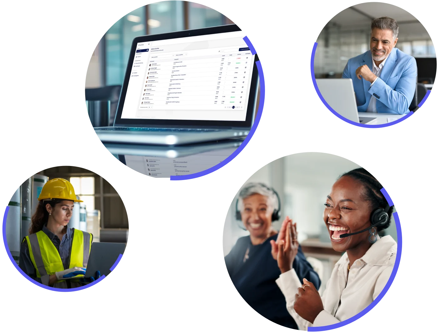 Bubbles mit Dashboard Mockup, Manager al Laptop, Technikerin im Außendienst, Serviceagentinnen freuen sich