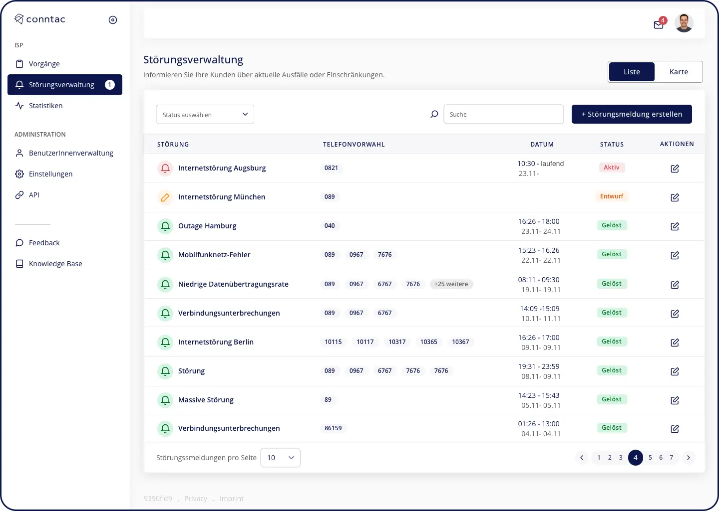 Dashboard Screen Störungsmeldungen