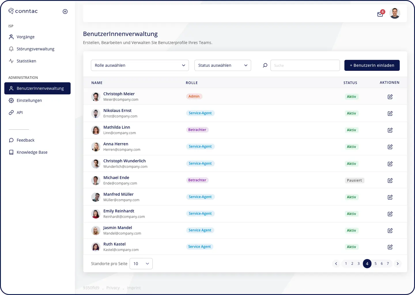 Dashboard Screen BenutzerInnenverwaltung