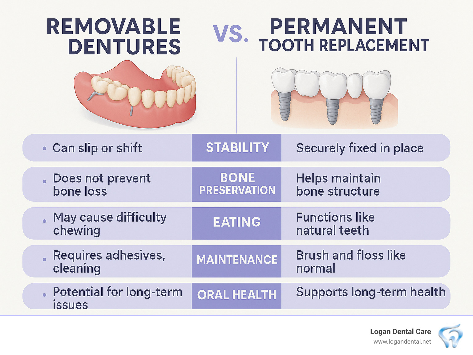 Detailed comparison infographic showing removable dentures versus permanent tooth replacement options, highlighting stability differences, bone preservation benefits, eating capability, maintenance requirements, and long-term oral health outcomes - permanent teeth replacement options without dentures infographic 