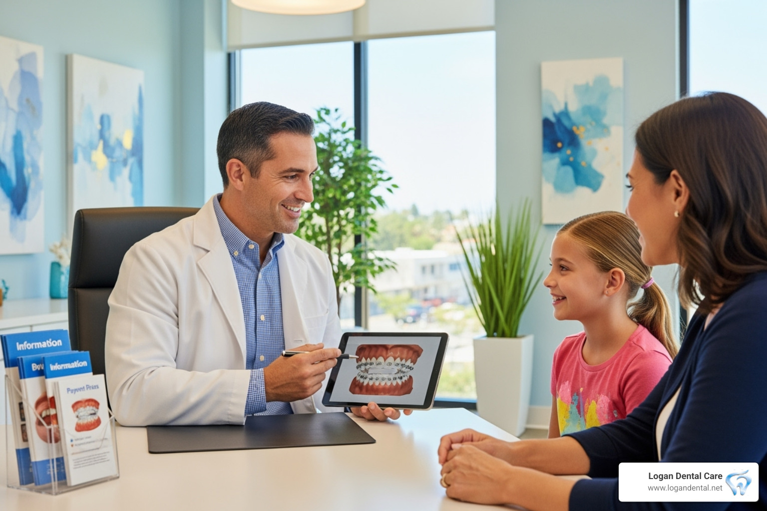 A friendly orthodontist consults with a patient in a modern, welcoming office setting - affordable braces A friendly orthodontist consults with a patient in a modern, welcoming office setting - affordable braces