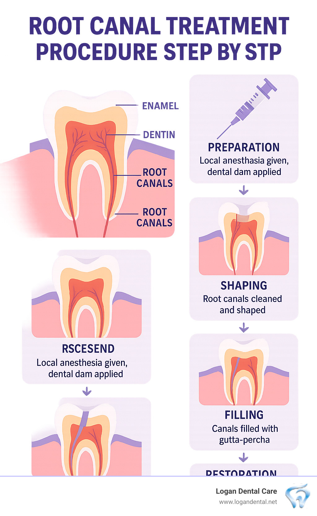 Detailed infographic showing root canal procedure steps including tooth anatomy with pulp chamber, root canals, enamel and dentin layers, plus step-by-step treatment process from anesthesia through final crown placement - root canal treatment procedure step by step infographic 
