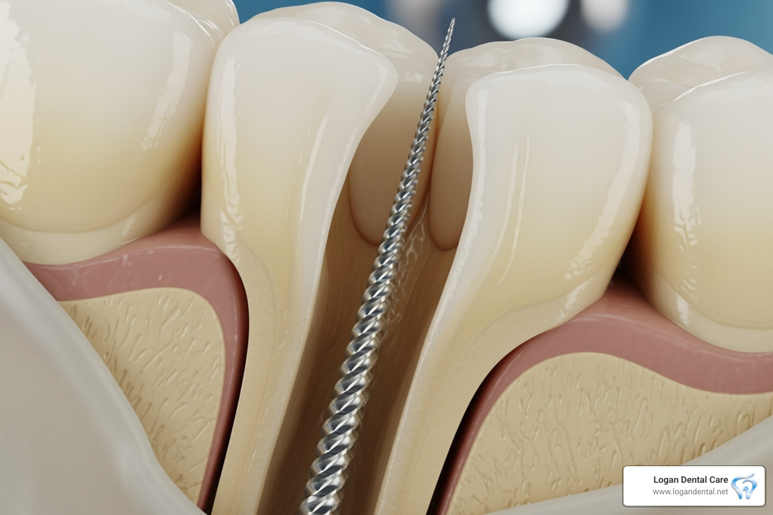 Close-up of an endodontic file cleaning a root canal