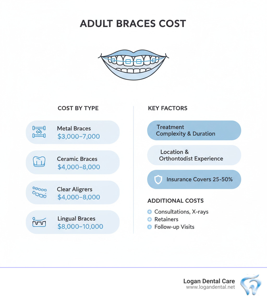 Infographic showing adult braces cost breakdown: Metal braces $3,000-$7,000, Ceramic braces $4,000-$8,000, Clear aligners $4,000-$8,000, Lingual braces $8,000-$10,000. Key cost factors include treatment complexity, duration, location, and orthodontist experience. Insurance typically covers 25-50% for adults. Additional costs include consultations, X-rays, retainers, and follow-up visits. - adult braces cost infographic Infographic showing adult braces cost breakdown: Metal braces $3,000-$7,000, Ceramic braces $4,000-$8,000, Clear aligners $4,000-$8,000, Lingual braces $8,000-$10,000. Key cost factors include treatment complexity, duration, location, and orthodontist experience. Insurance typically covers 25-50% for adults. Additional costs include consultations, X-rays, retainers, and follow-up visits. - adult braces cost infographic