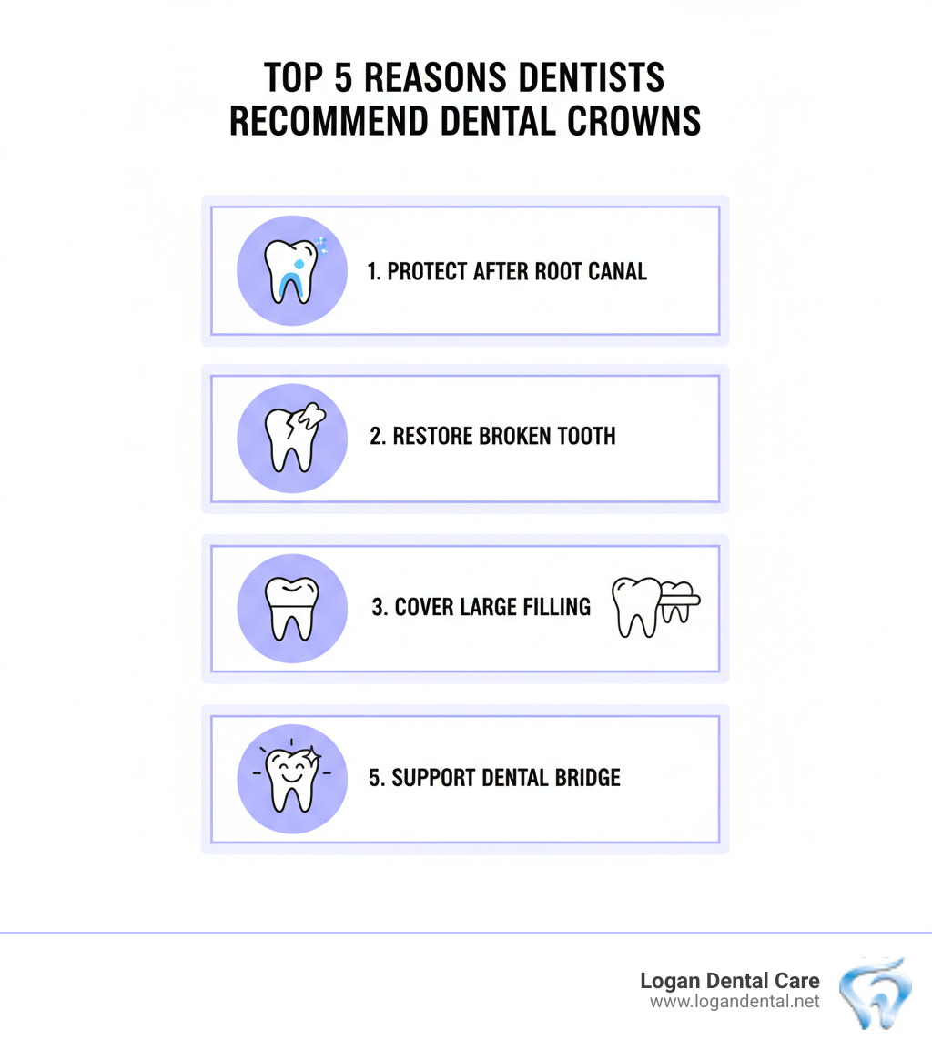 Infographic showing the top 5 reasons dentists recommend dental crowns: 1. Protect a tooth after root canal treatment, 2. Restore a broken or cracked tooth, 3. Cover a tooth with a large filling, 4. Support a dental bridge, 5. Improve appearance of discolored or misshapen teeth - dental crown options infographic 