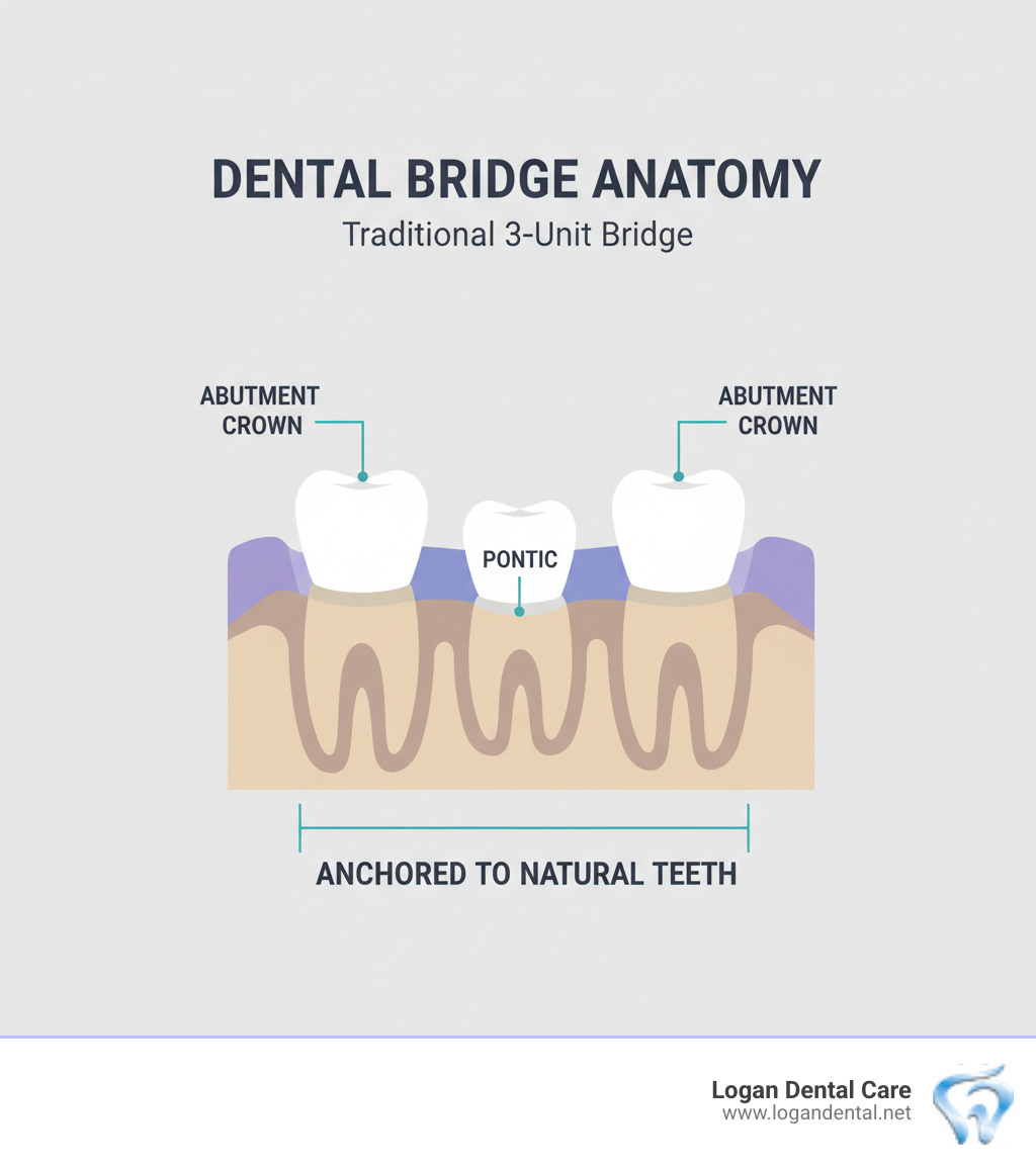 Infographic showing the basic anatomy of a traditional 3-unit dental bridge, with labeled parts including the pontic (artificial tooth in the center), two abutment crowns on either side, and how it's anchored to natural teeth - bridge in mouth infographic 