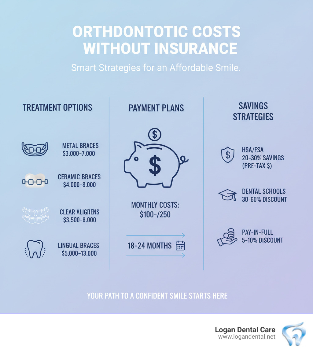 infographic showing cost breakdown: metal braces $3,000-$7,000, ceramic braces $4,000-$8,000, clear aligners $3,500-$8,000, lingual braces $5,000-$13,000, with payment plan options showing monthly costs of $100-$250 over 18-24 months, plus savings strategies including HSA/FSA 20-30% savings, dental schools 30-60% discount, and pay-in-full discounts of 5-10% - orthodontics without insurance infographic 