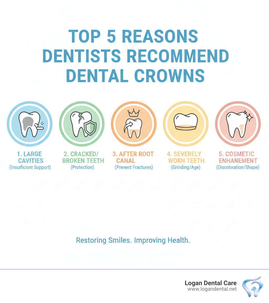 Infographic showing the top 5 reasons dentists recommend dental crowns: 1. Large cavities where fillings won't provide enough support, 2. Cracked or broken teeth that need protection from further damage, 3. Teeth after root canal treatment to prevent fractures, 4. Severely worn-down teeth from grinding or age, 5. Discolored or misshapen teeth for cosmetic enhancement - dental crown consultation infographic 
