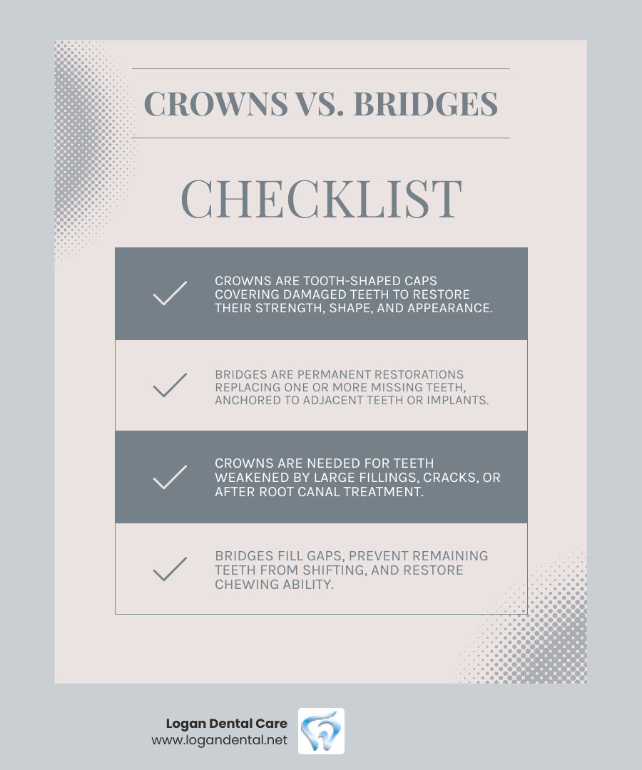 Infographic showing side-by-side comparison of a dental crown covering a single damaged tooth versus a dental bridge spanning a gap with crowns on adjacent teeth and artificial teeth in between, with labeled parts including abutment teeth, pontic, and crown cap - crowns and bridges infographic checklist-light-blue-grey