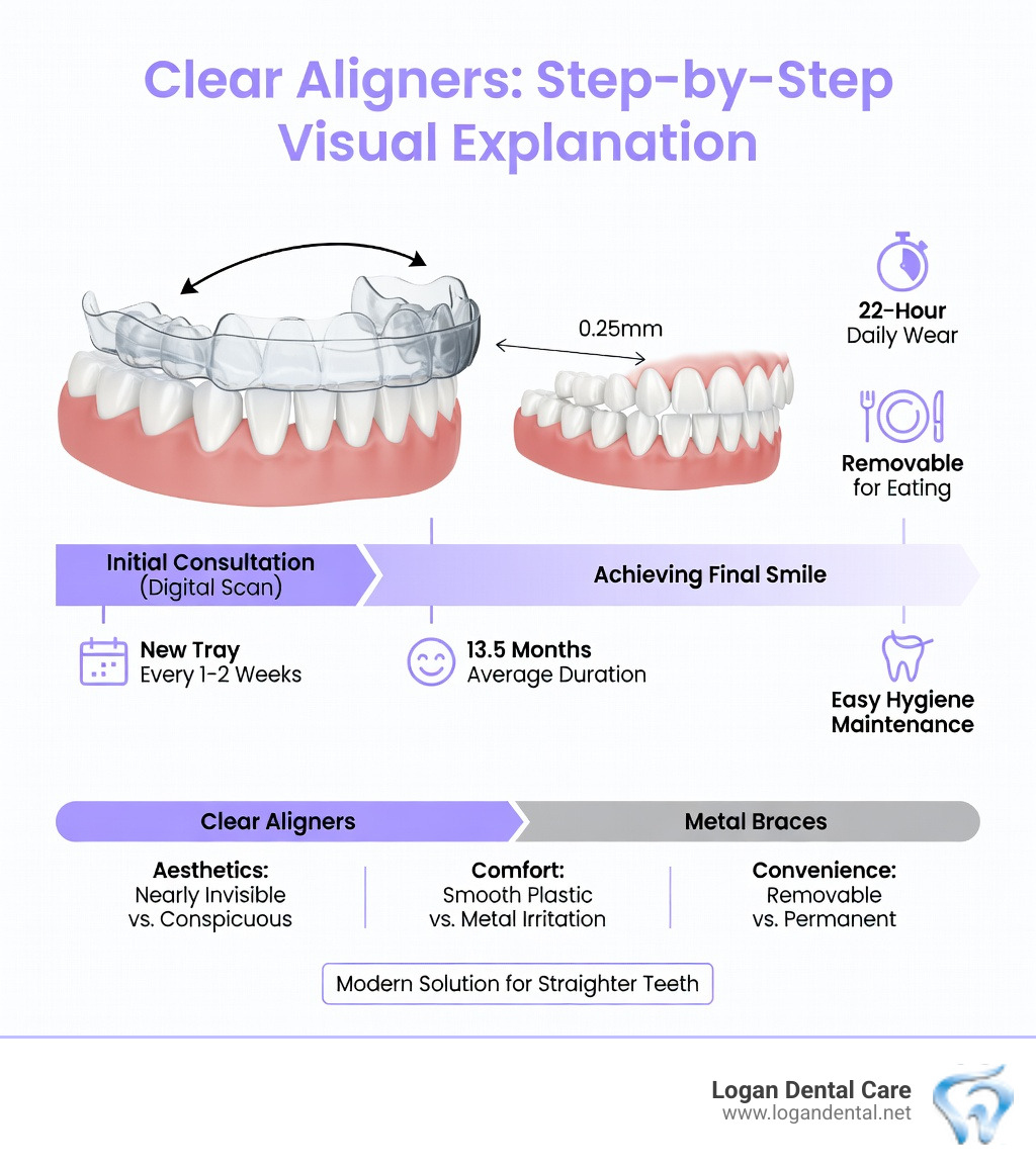 Infographic showing: what are clear aligners - a step-by-step visual explanation including a diagram of a clear plastic tray snapping over teeth, an arrow showing gradual tooth movement per tray (0.25mm), a timeline from consultation to final smile over 13.5 months average, icons for 22-hour daily wear, removability for eating and hygiene, and a comparison bar showing clear aligners vs metal braces on aesthetics, comfort, and convenience - what are clear aligners infographic Infographic showing: what are clear aligners - a step-by-step visual explanation including a diagram of a clear plastic tray snapping over teeth, an arrow showing gradual tooth movement per tray (0.25mm), a timeline from consultation to final smile over 13.5 months average, icons for 22-hour daily wear, removability for eating and hygiene, and a comparison bar showing clear aligners vs metal braces on aesthetics, comfort, and convenience - what are clear aligners infographic