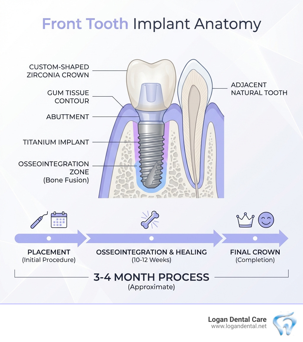 Infographic showing the anatomy of a front tooth implant: titanium post embedded in jawbone, abutment connector piece in the middle, and custom zirconia crown on top, with labels showing osseointegration zone, gum tissue contour, and adjacent natural teeth for comparison; includes a timeline bar showing the 3-4 month process from placement to final crown - dental implants front teeth infographic 