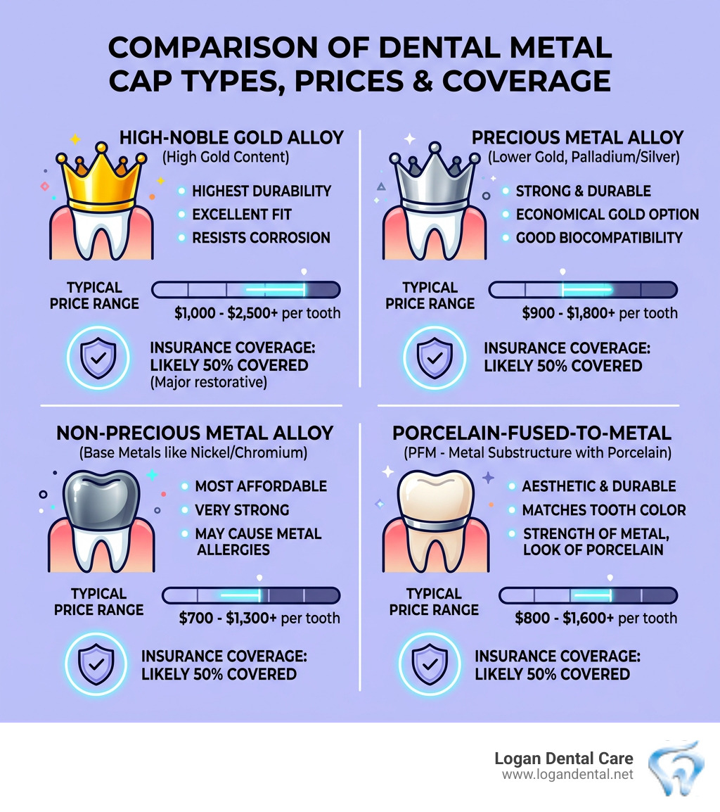 Infographic comparing dental metal cap types, price ranges, and insurance coverage - dental metal cap price infographic 