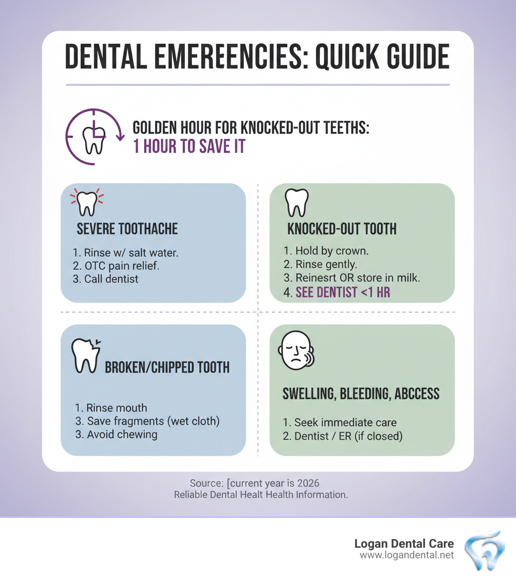 Infographic showing the golden hour for knocked-out teeth and quick steps for common dental emergencies - emergency dental