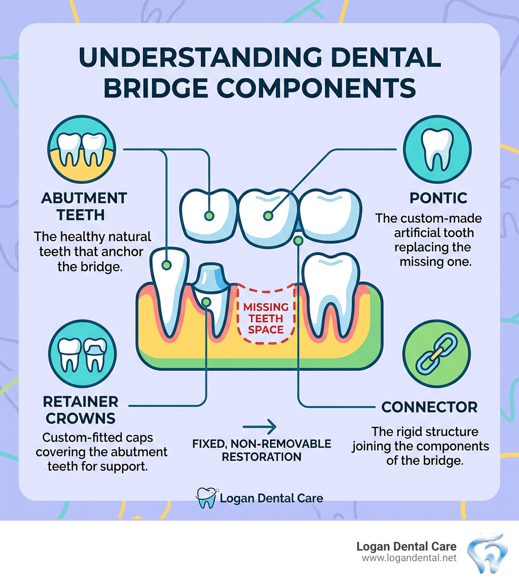 Infographic showing dental bridge components: pontic, abutment teeth, retainer crowns, and connector - bridgework teeth