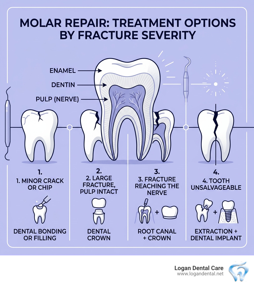 Infographic showing molar tooth layers and matching treatment options by fracture severity - half broken molar tooth repair Infographic showing molar tooth layers and matching treatment options by fracture severity - half broken molar tooth repair