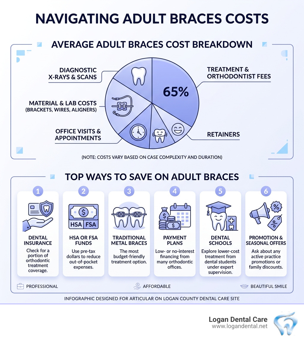 Average cost breakdown of adult braces and top ways to save infographic - how to get affordable braces for adults Average cost breakdown of adult braces and top ways to save infographic - how to get affordable braces for adults