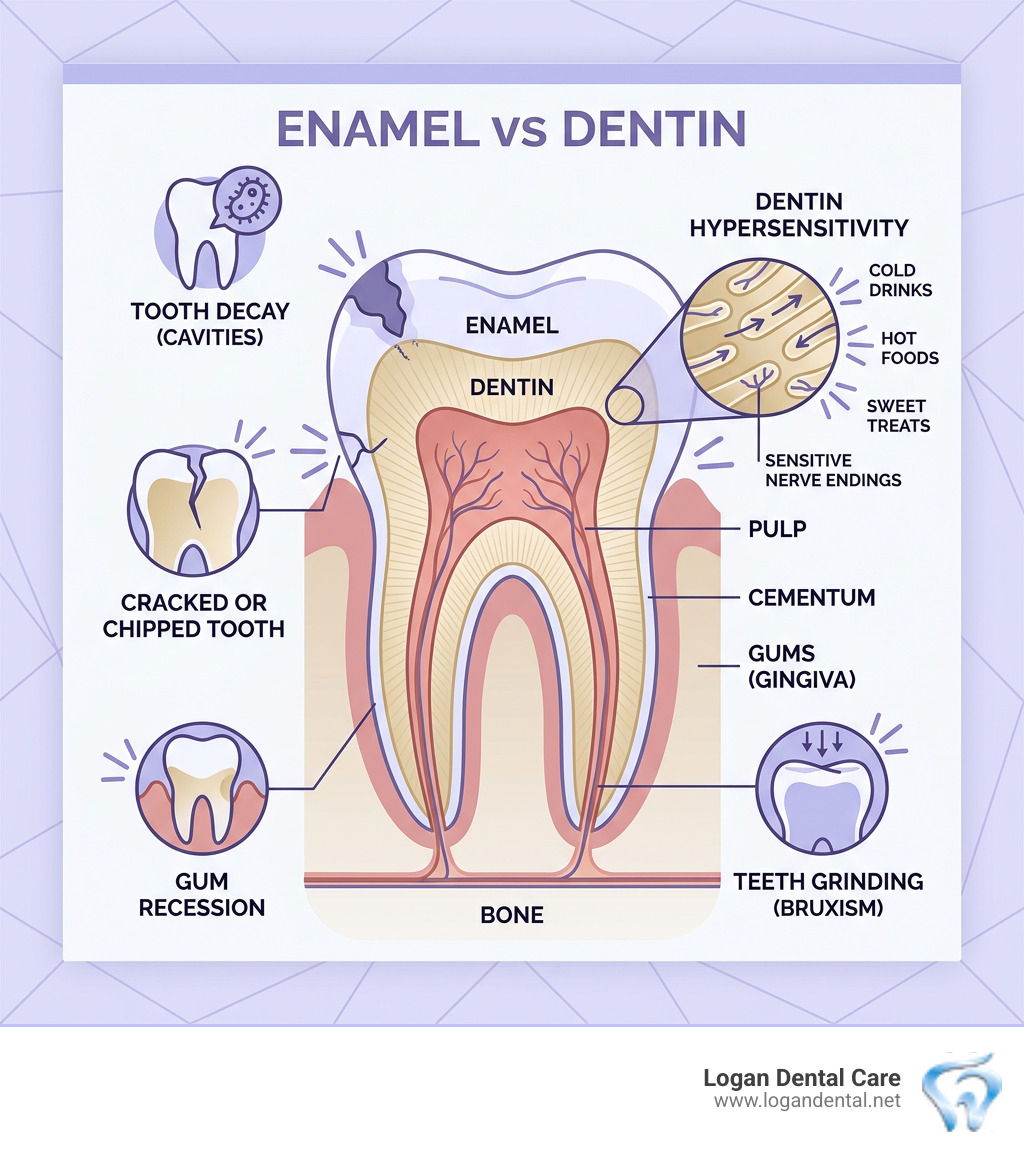 infographic showing enamel and dentin layers of a tooth with common pain triggers labeled - my teeth hurt infographic 