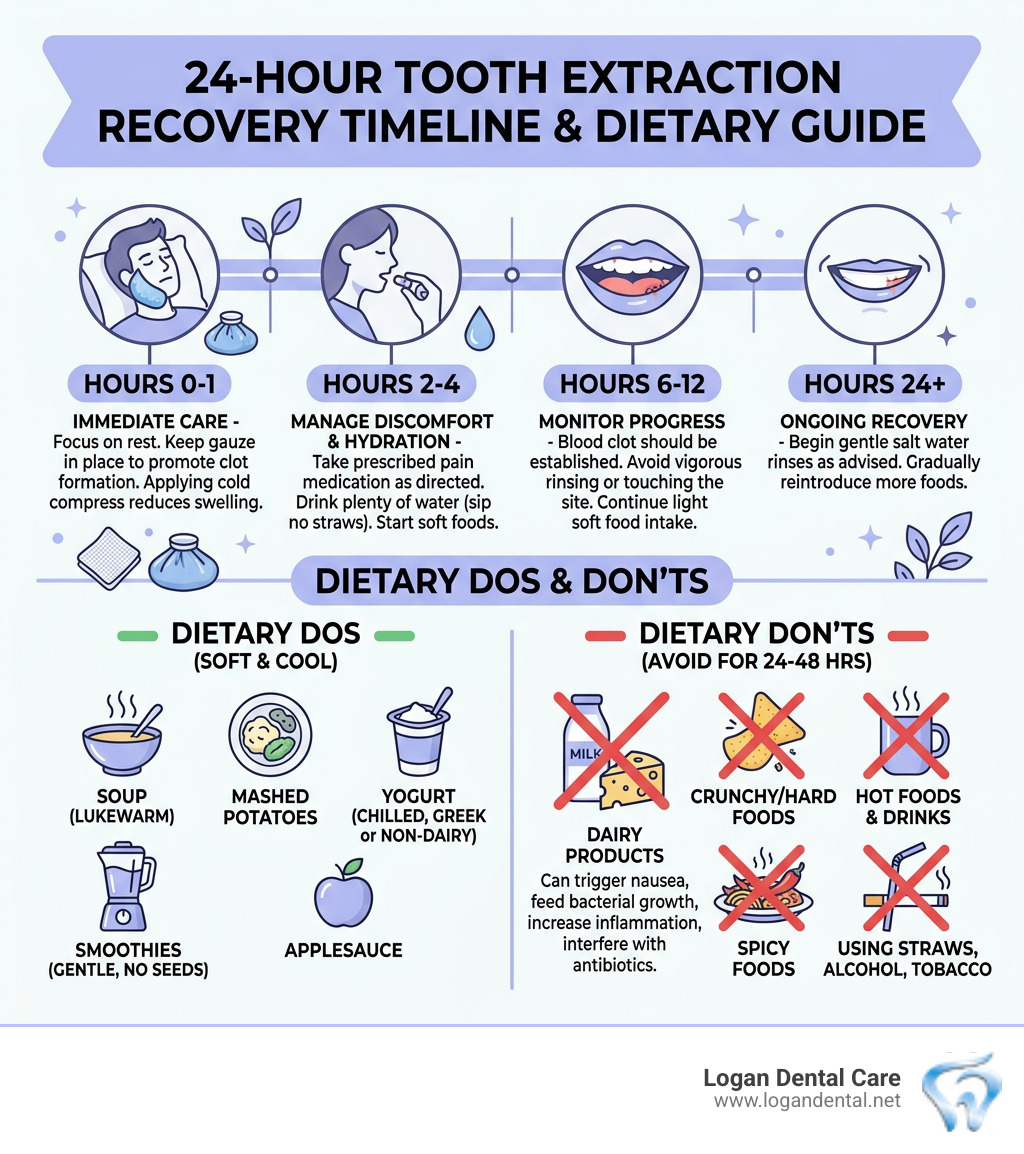 24-hour tooth extraction recovery timeline infographic with dietary dos and don'ts - why no dairy after tooth extraction