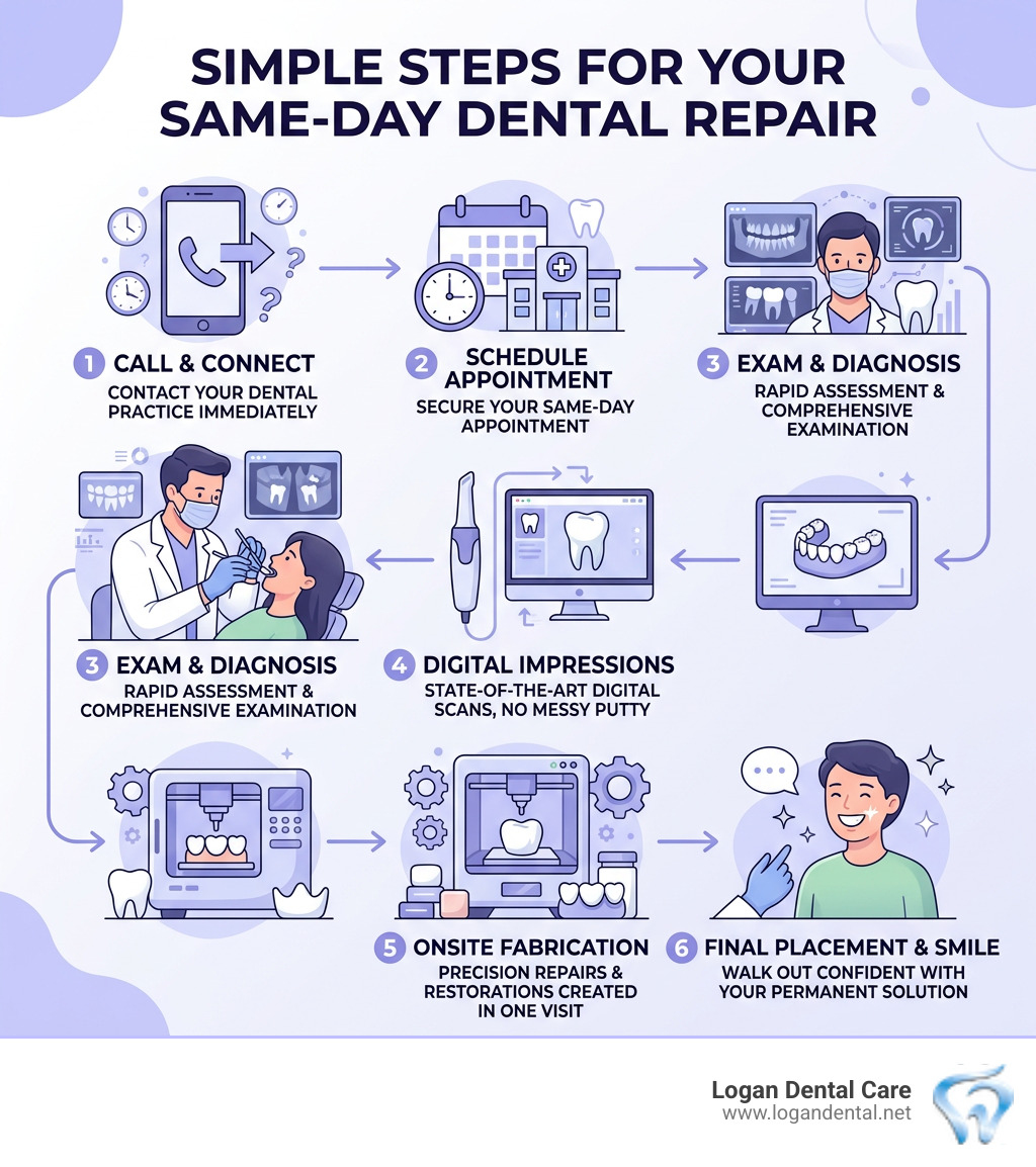 Infographic showing step-by-step process of a same-day dental visit from call to repair - same day dental repair infographic 