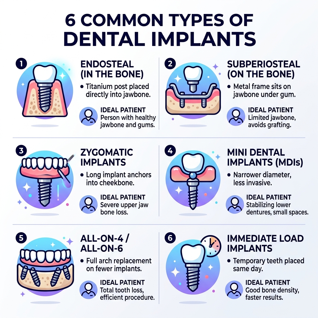 Infographic showing the 6 types of dental implants with brief descriptions of each and their ideal patient - different types