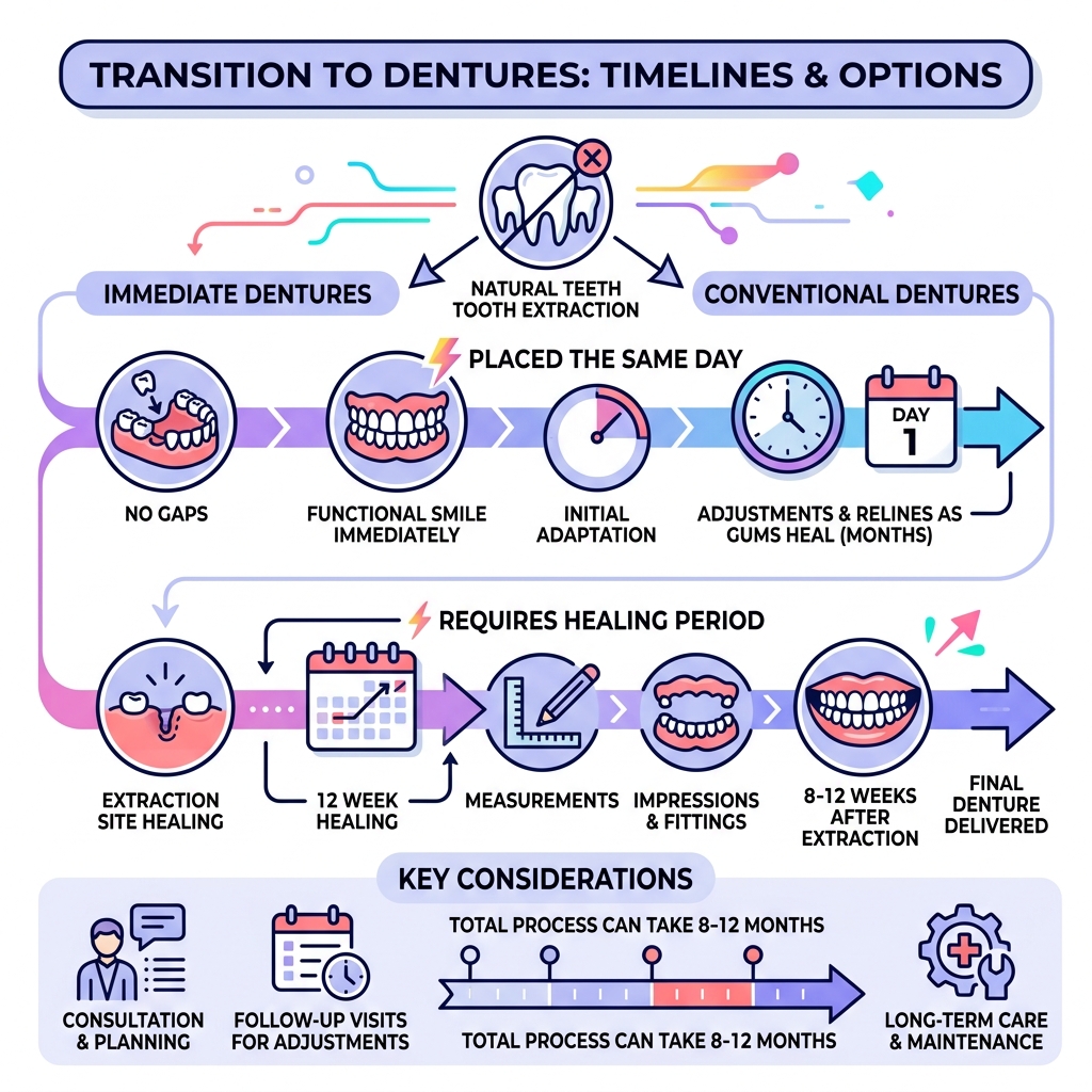 Infographic showing the transition from natural teeth to dentures, including immediate vs conventional timelines - tooth