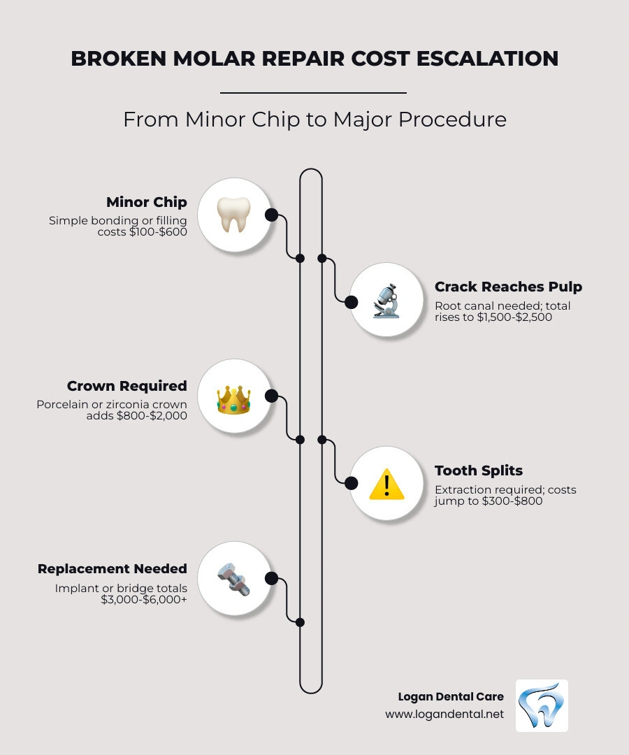 Infographic showing broken molar cost escalation from minor chip to extraction and implant infographic Infographic showing broken molar cost escalation from minor chip to extraction and implant infographic
