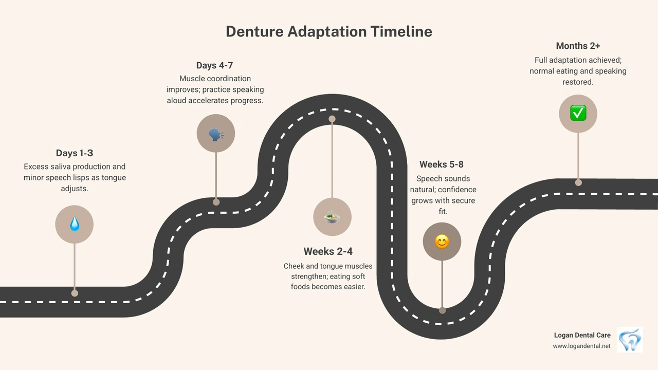 Infographic showing the timeline of muscle adaptation and speech improvement for new denture wearers - dentures Infographic showing the timeline of muscle adaptation and speech improvement for new denture wearers - dentures