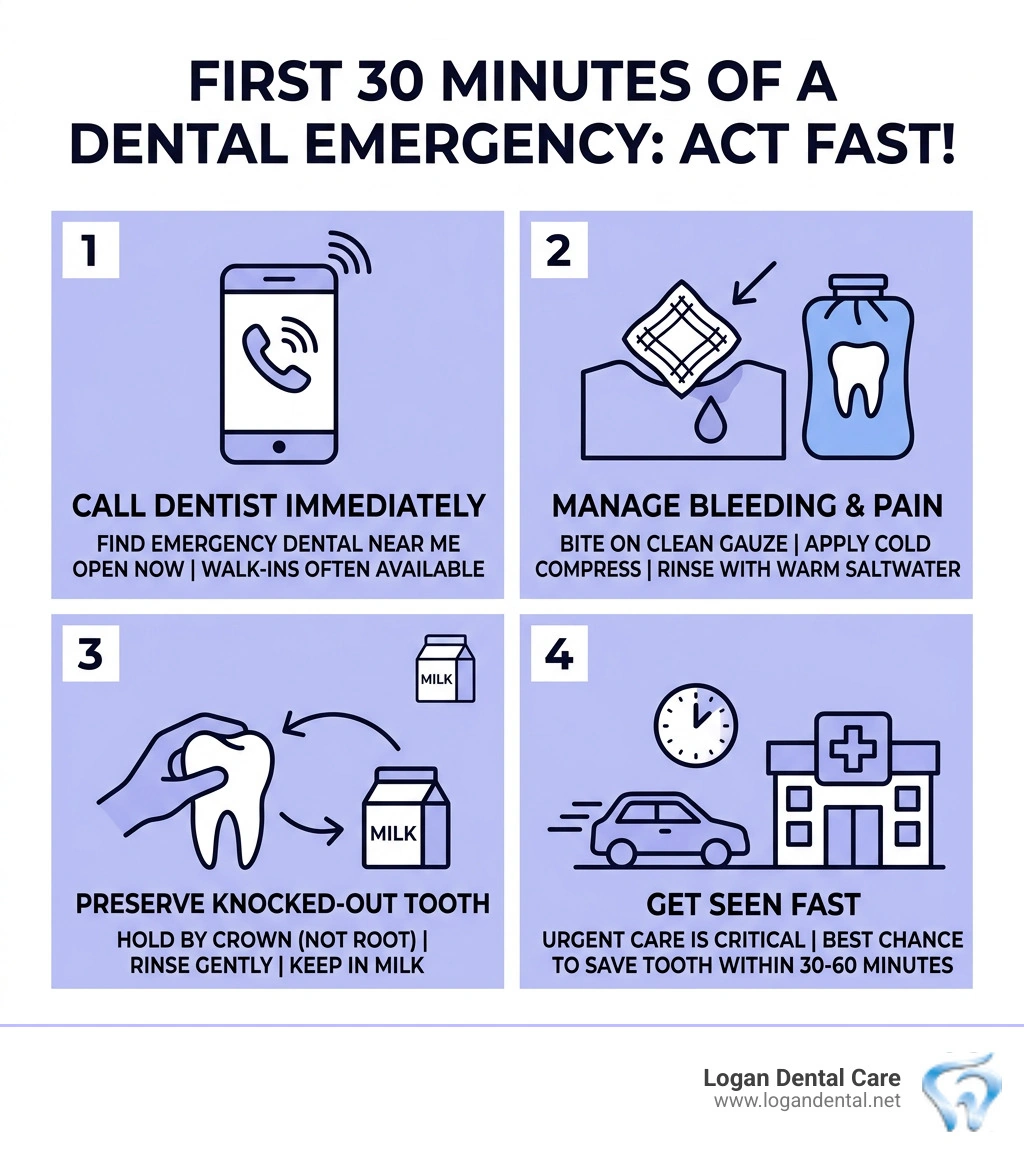 Infographic showing the first 30 minutes of a dental emergency: call dentist, manage bleeding, preserve tooth, get seen fast