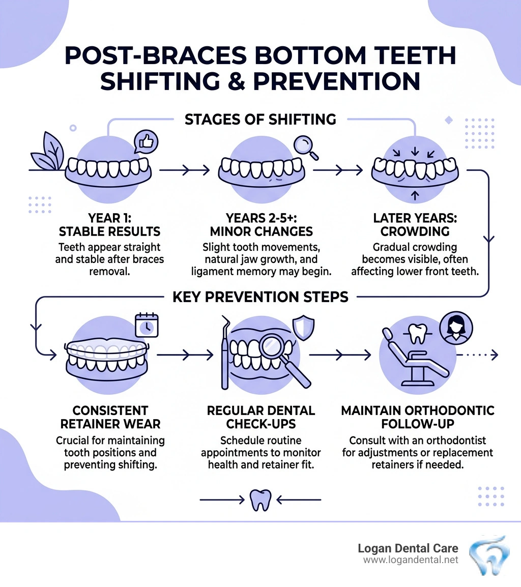 Timeline infographic showing stages of post-braces bottom teeth shifting and key prevention steps - bottom teeth crowding