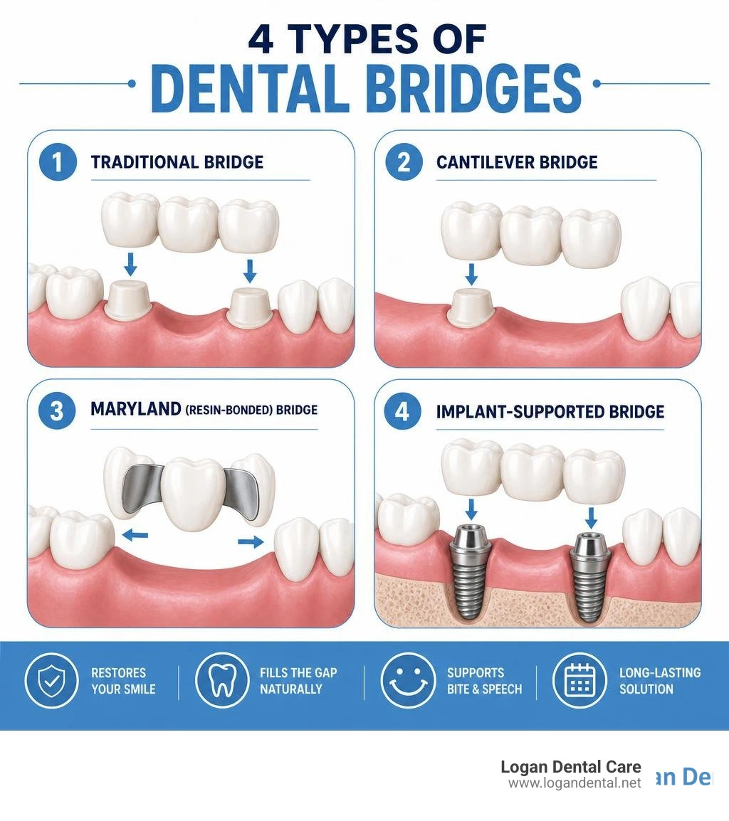 Infographic showing four types of dental bridges: traditional, cantilever, Maryland, and implant-supported infographic