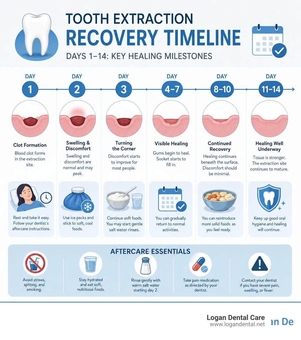 Tooth extraction recovery timeline infographic showing days 1 through 14 with key healing milestones infographic