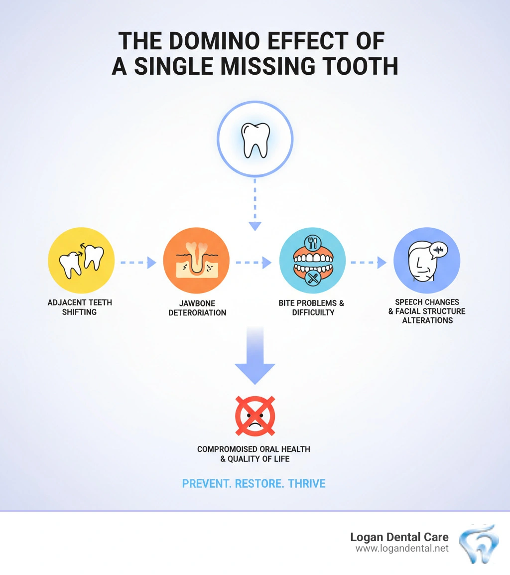 Infographic showing the progression from a single missing tooth to multiple oral health complications including adjacent teeth shifting, jawbone deterioration, bite problems, difficulty chewing, speech changes, and facial structure alterations - missing teeth infographic Infographic showing the progression from a single missing tooth to multiple oral health complications including adjacent teeth shifting, jawbone deterioration, bite problems, difficulty chewing, speech changes, and facial structure alterations - missing teeth infographic
