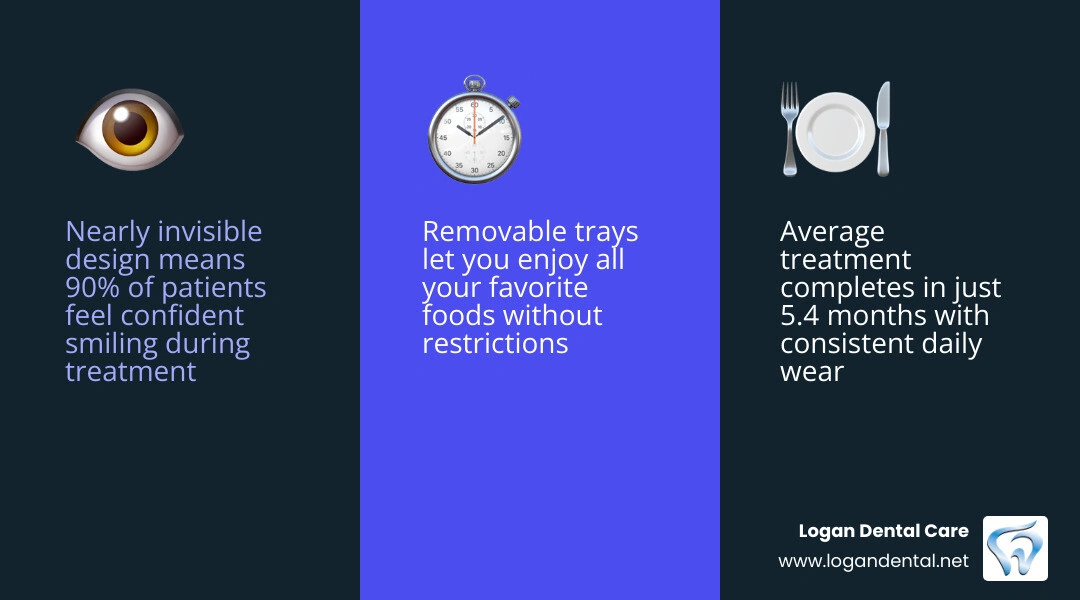 Benefits of clear aligners for teeth: nearly invisible, removable, comfortable, treats common bite issues infographic Benefits of clear aligners for teeth: nearly invisible, removable, comfortable, treats common bite issues infographic