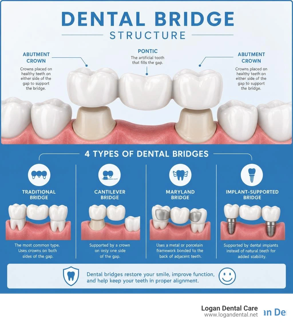 Infographic showing dental bridge structure: pontic, abutment crowns, and four bridge types infographic Infographic showing dental bridge structure: pontic, abutment crowns, and four bridge types infographic