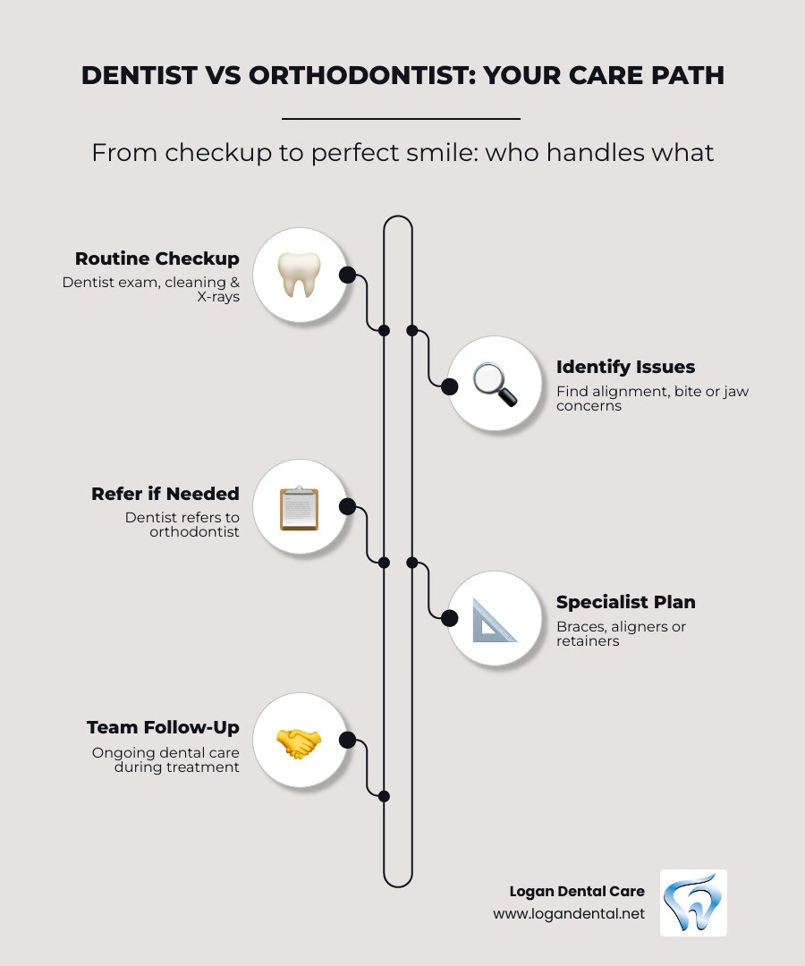 Dentist vs orthodontist care path infographic showing roles, training, and when to see each infographic Dentist vs orthodontist care path infographic showing roles, training, and when to see each infographic