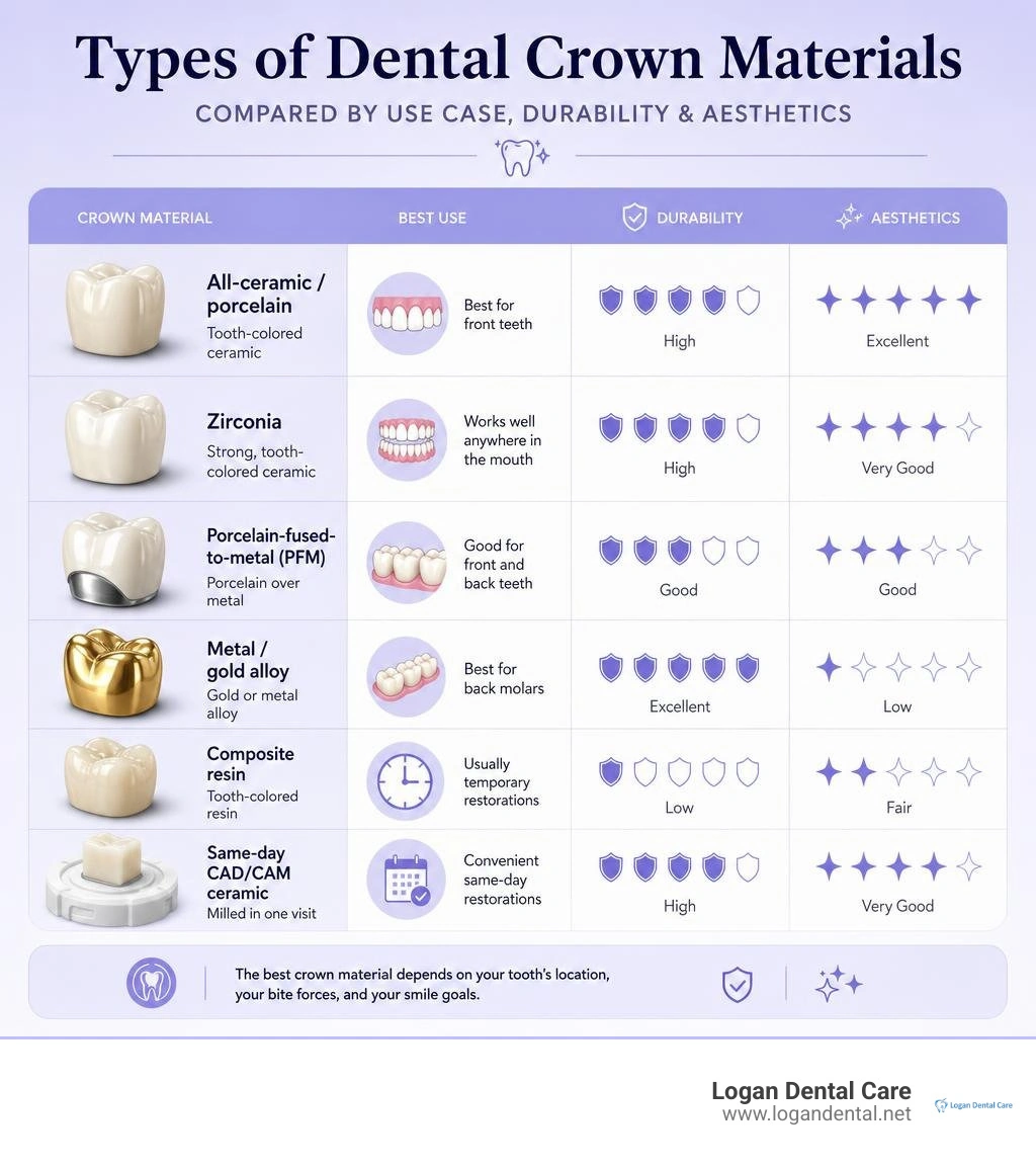 Types of dental crown materials compared by use case, durability, and aesthetics infographic Types of dental crown materials compared by use case, durability, and aesthetics infographic