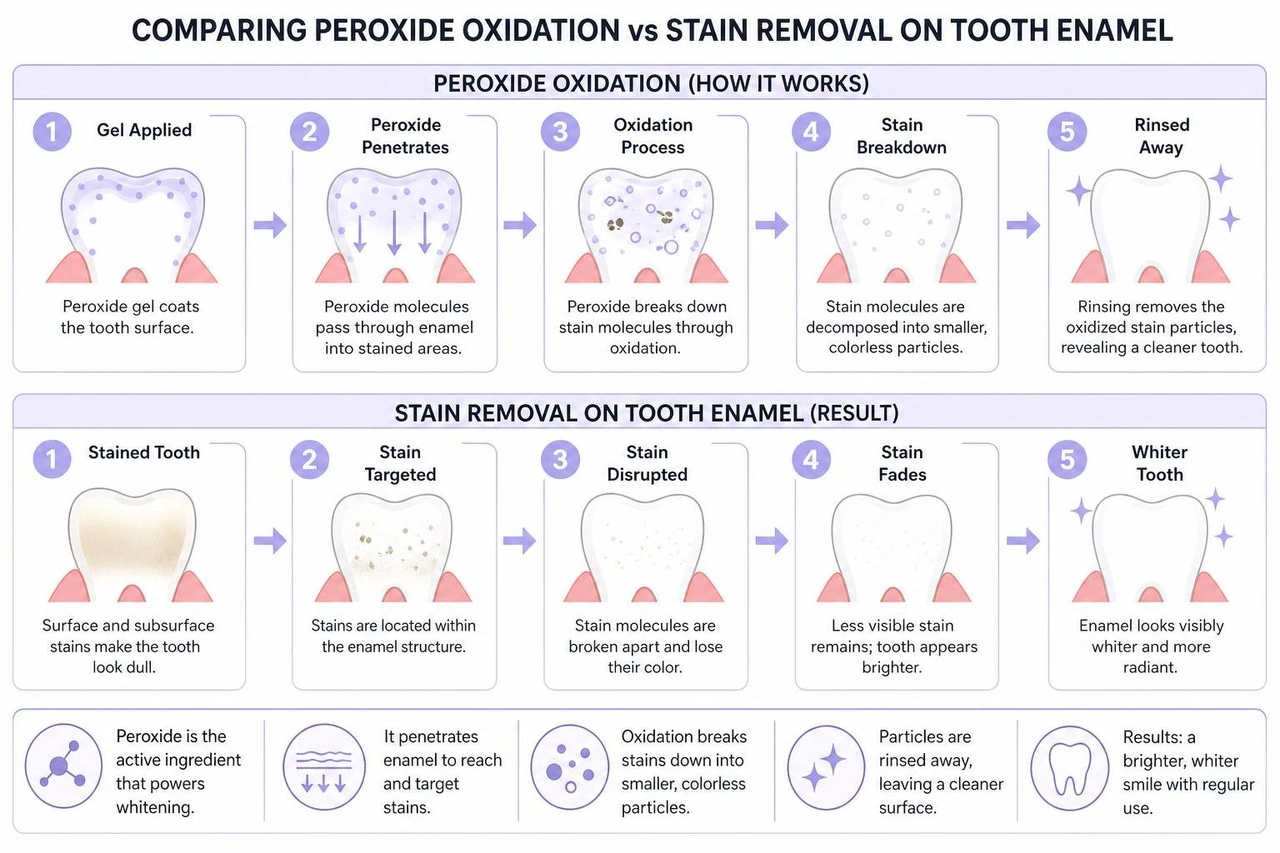 Comparison diagram of peroxide oxidation vs stain removal on tooth enamel Comparison diagram of peroxide oxidation vs stain removal on tooth enamel