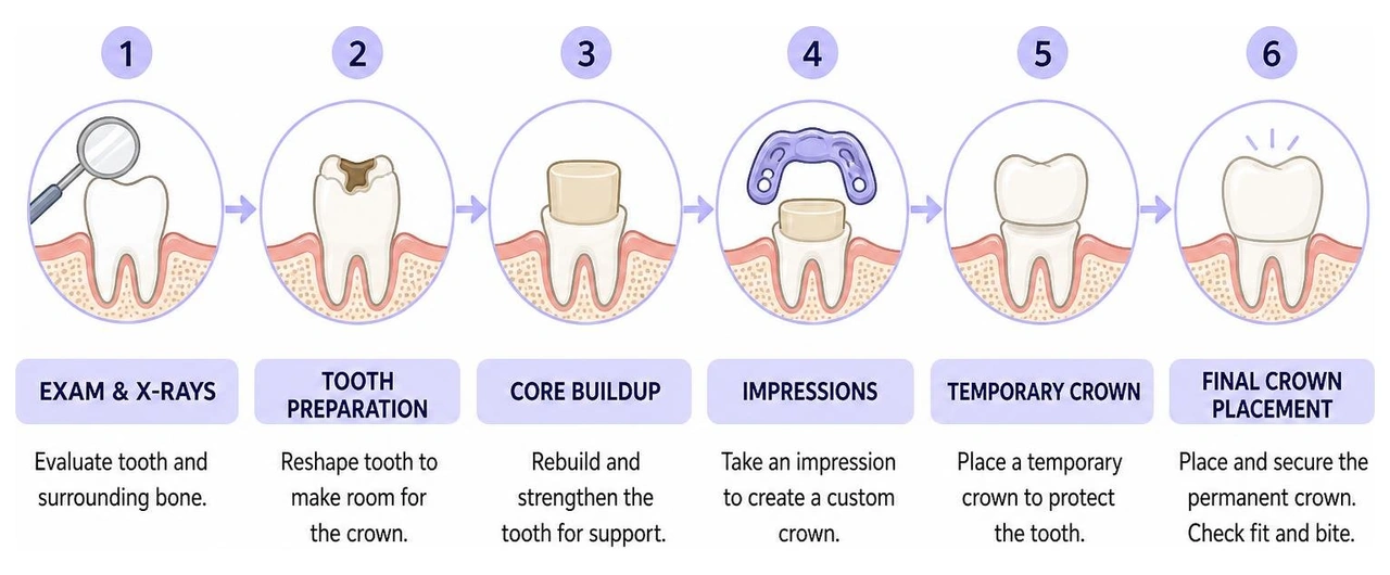 step by step tooth cap restoration process showing exam buildup and placement