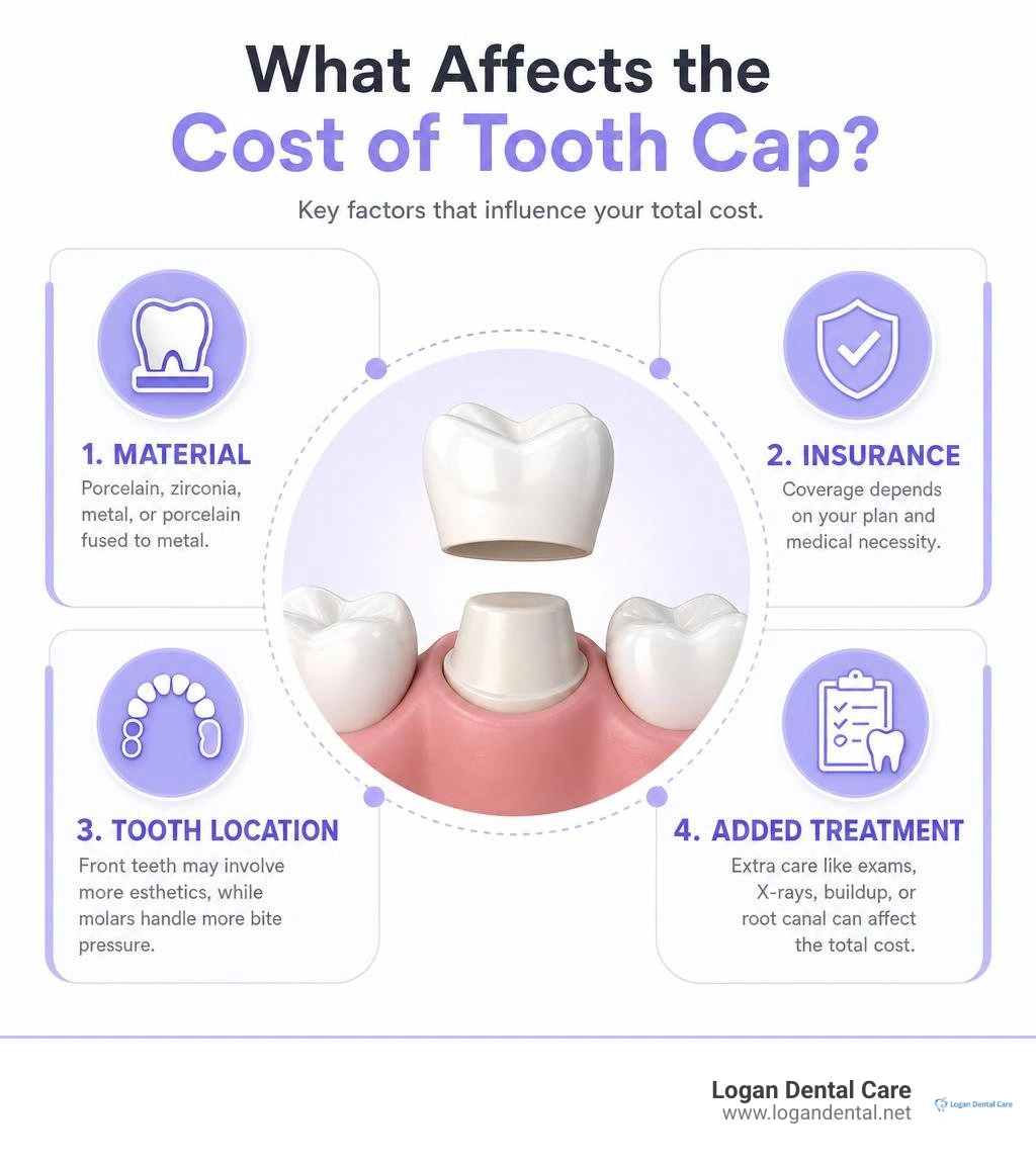tooth cap cost factors including material insurance tooth location and added treatment infographic