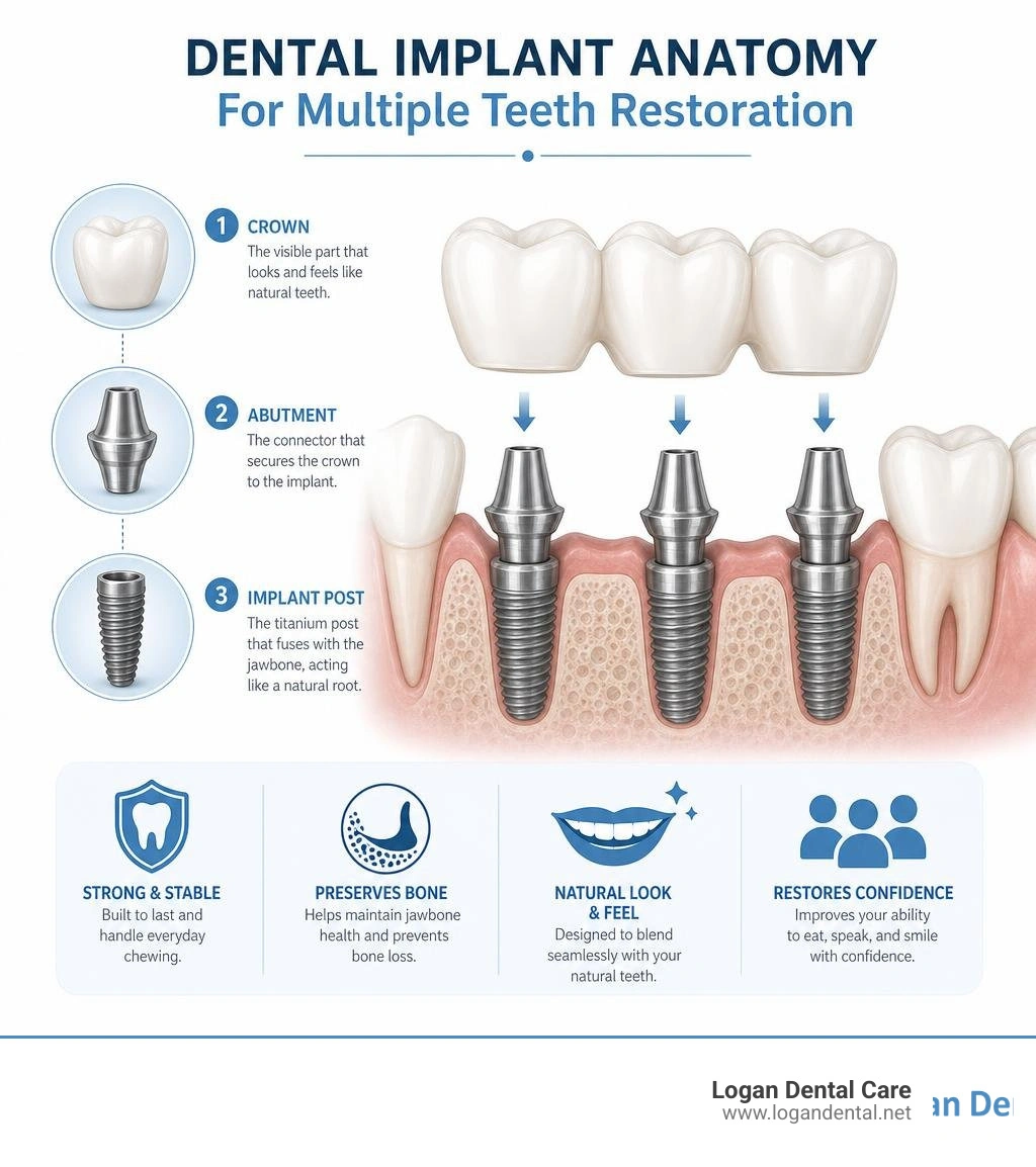 Dental implant anatomy infographic showing titanium post, abutment, and crown for multiple teeth restoration infographic