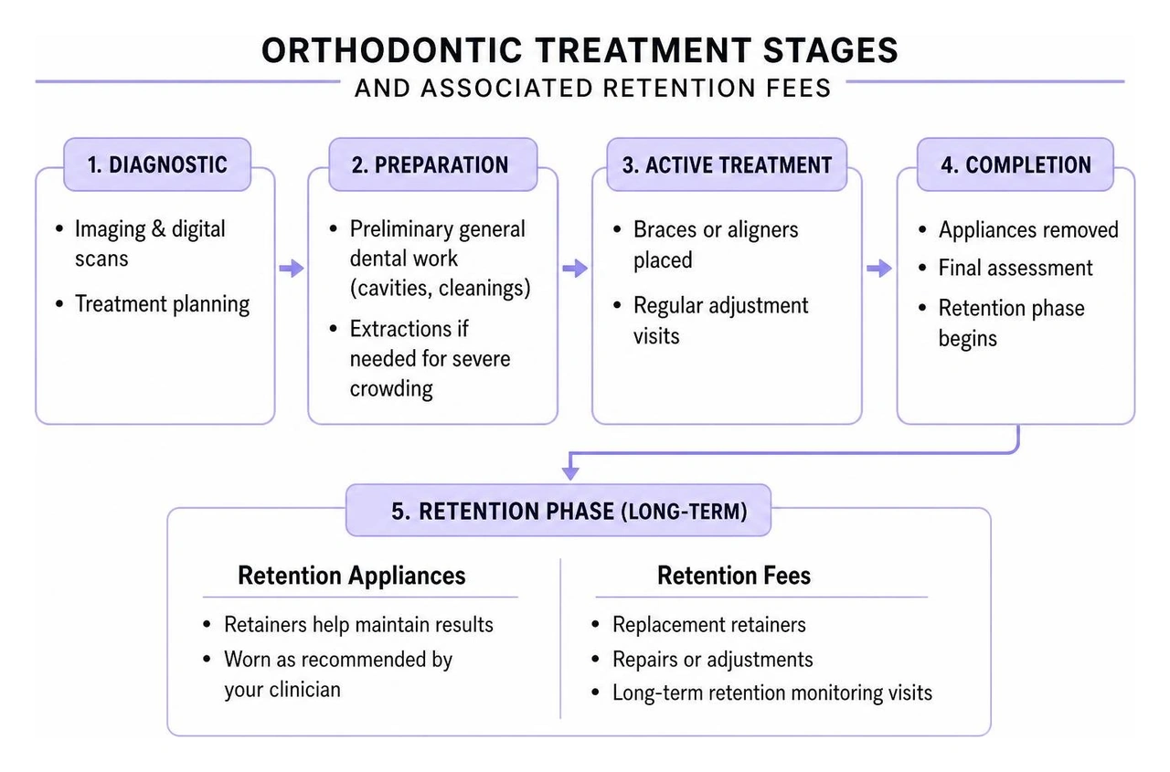 Itemized stages of orthodontic treatment and associated retention fees