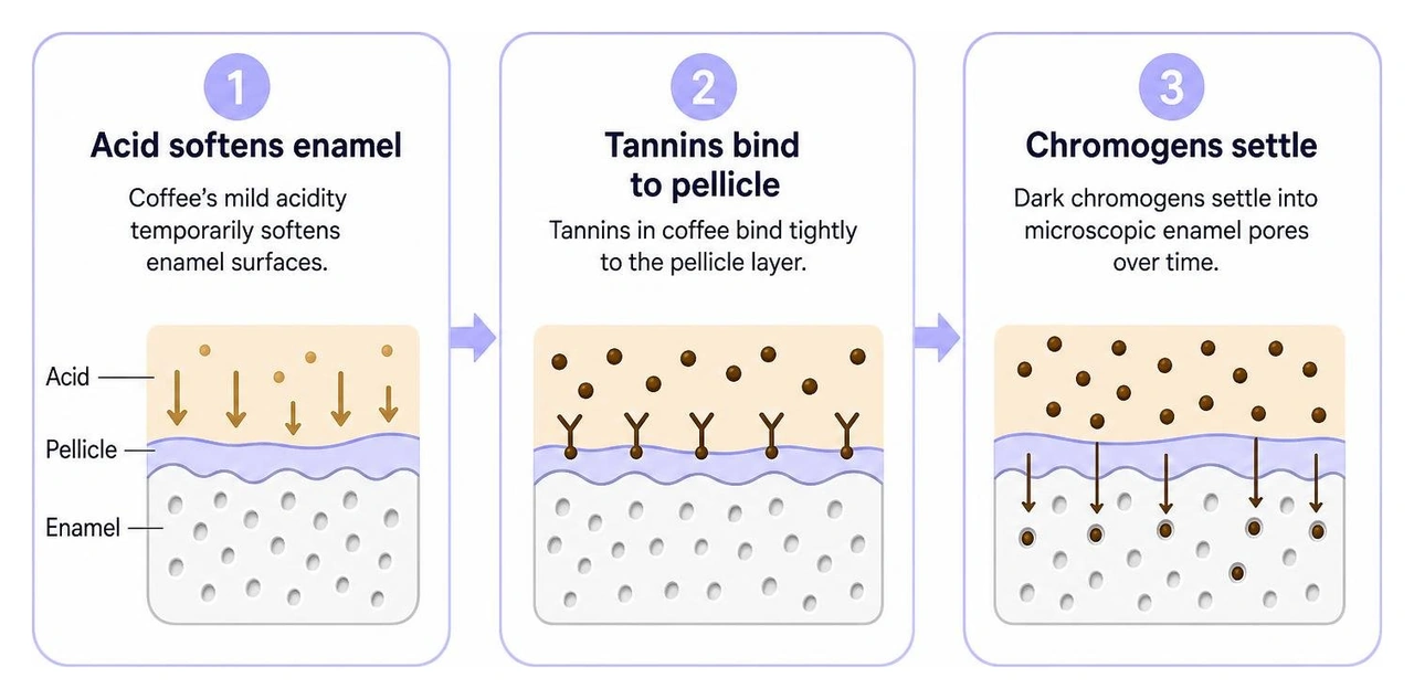 Coffee staining process: acid softens enamel, tannins bind to pellicle, chromogens settle Coffee staining process: acid softens enamel, tannins bind to pellicle, chromogens settle