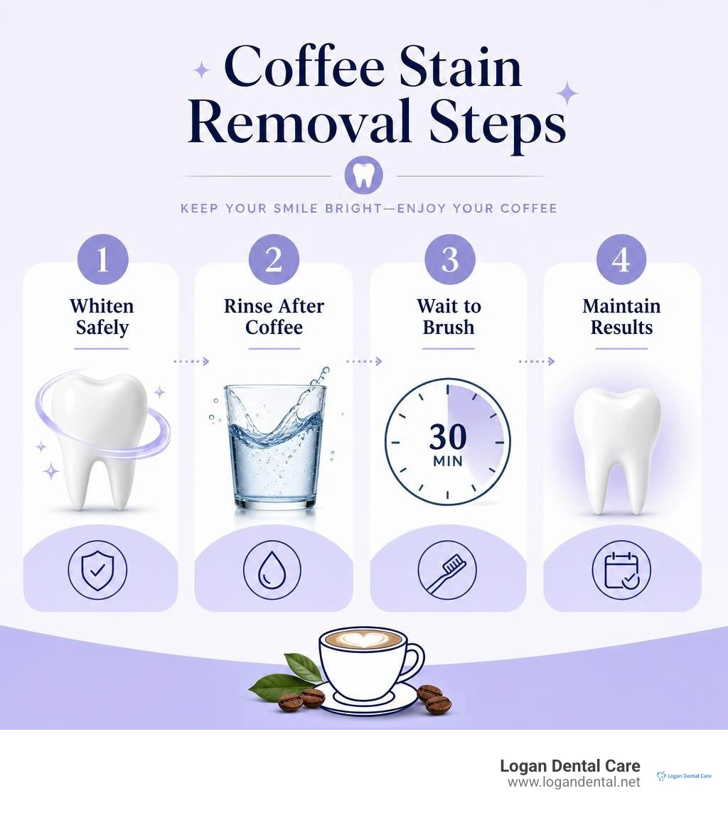 Coffee stain removal steps: whiten safely, rinse after coffee, wait to brush, maintain results infographic Coffee stain removal steps: whiten safely, rinse after coffee, wait to brush, maintain results infographic